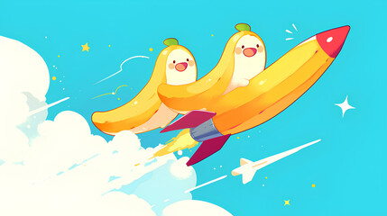 Wall Mural - yellow Banana shaped rocket launched kawaii cute, simple