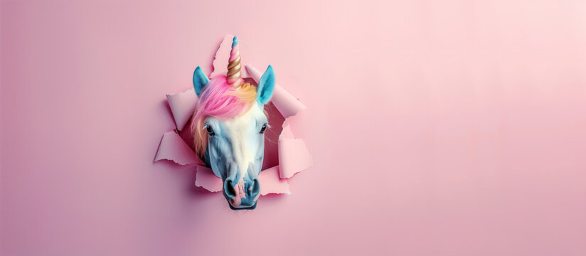 Funny unicorn peeking through a torn pink paper.