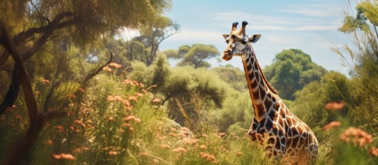 Aufkleber - A giraffe peacefully grazing on foliage in a tranquil natural setting with a serene backdrop, ideal for a copy space image.