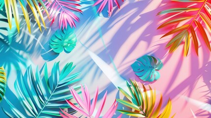 Wall Mural - trendy pastel colors summer floral pattern background , colorful leaves palm shape art wallpaper, Summer colors botanical tropical leaves ,sun light and shadows, pink, yellow leaf .