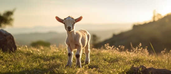 Poster - Small goat walking in a picturesque countryside setting with copy space image available.