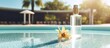 © vxnaghiyev - Luxury hotel setting with a sunscreen bottle, slipper, and a copy space image by the inviting swimming pool, embodying summer vacation and leisure.