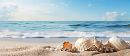 Poster - Seashells adorn a sandy shore with a vast copy space image available.
