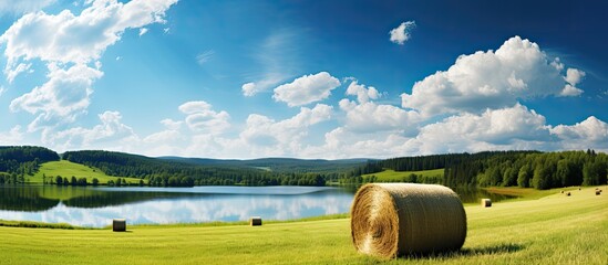Aufkleber - Sunny summer day landscape with a stack of straw bales on a grassy field, a pond, a meadow, a forest, and hills in the background, providing copy space image.