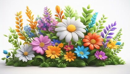 Wall Mural -  Simple colorful flowers and a green bush plant daisy white background