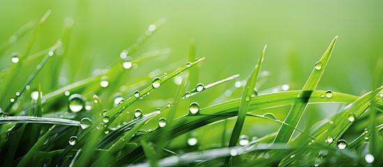 Aufkleber - Close-up macro image of raindrops on clean green grass with ample copy space image.