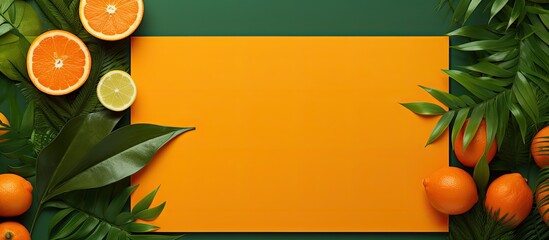 Poster - tropical concept with a square layout showcasing juice on grass with paper leaves and an orange on t