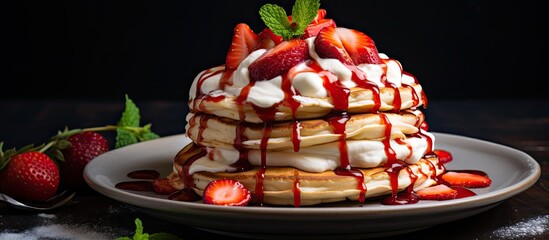 Aufkleber - Strawberry-topped pancake with copy space image.
