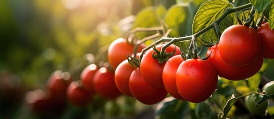 Poster - A new crop of ripe tomatoes displayed on tomato plants, offering a vibrant and appealing sight with ample copy space image.
