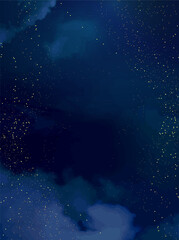magic night dark blue frame with sparkling glitter bokeh and light art. square vector wedding card. 