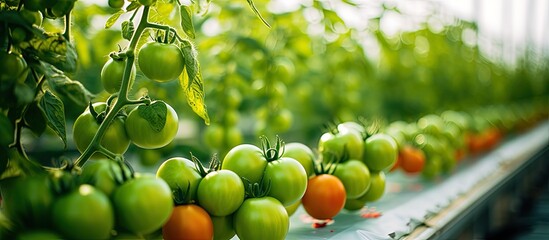 Poster - Green tomatoes plantation with young tomato plants thriving in a greenhouse setting, showcasing organic farming practices in a copy space image.