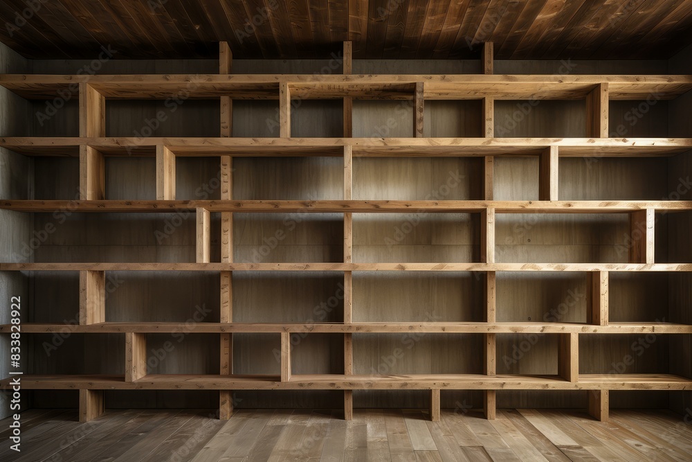 Large wall of empty wooden bookshelves in contemporary interior design ...