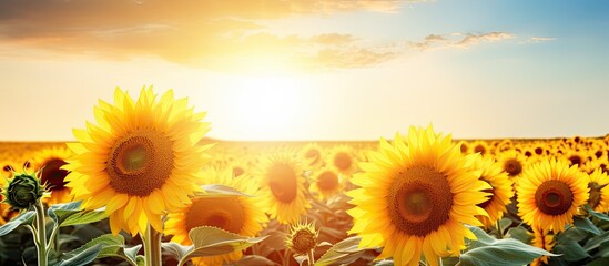 Poster - Blooming sunflowers in a field with a sunset backdrop, including copy space image.