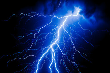 Blue lightning strikes on black background, creating a powerful and dynamic display of natures force.