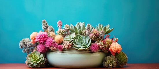Leinwandbilder - A flowerpot filled with numerous cacti, creating a charming display with copy space image.