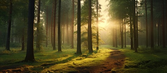 Wall Mural - Beautiful forest landscape at sunset with natural green trees, providing a serene and picturesque setting. Includes copy space image.