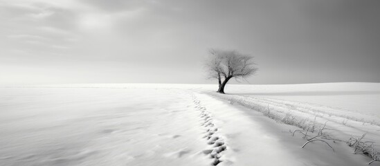 Poster - Snow covers the frozen field in a striking black and white scene with copy space image.
