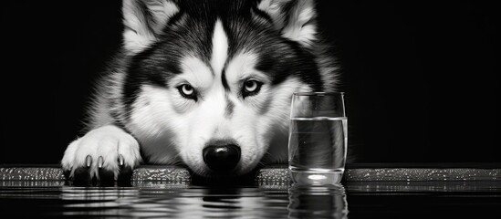 Poster - Close-up image of a husky dog in black and white fur drinking water with copy space image.