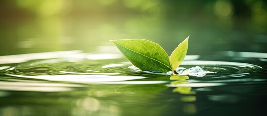 Poster - Macro image of a green leaf on water with copy space image.