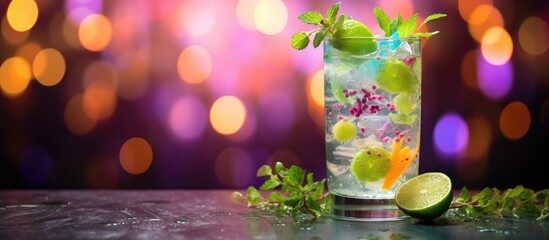 Poster - Mojito beverage on a white surface surrounded by a vibrant backdrop with plenty of colorful lights, providing an attractive copy space image.