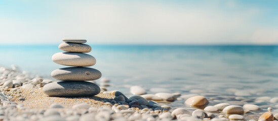 Zen concept featuring a stack of white pebbles by the sea with a serene ambiance for meditation and relaxation, ideal for a copy space image.