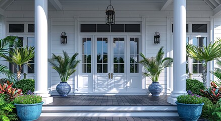 A white house with a porch and two potted plants, one on each side of the doorway. 