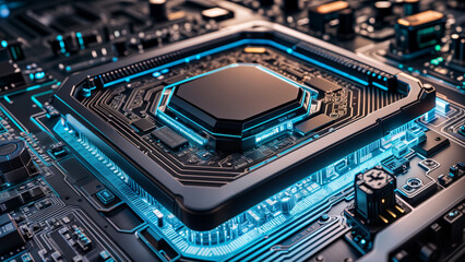 Close-up view of processor with blue glowing light on computer motherboard - Generative AI