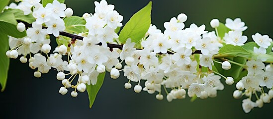 Aufkleber - Close-up of fragrant bird cherry branch with white flowers - copy space image.