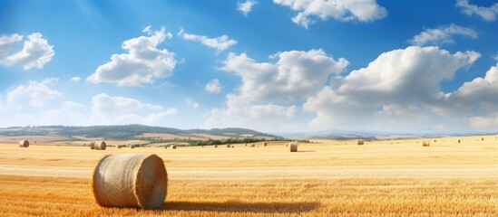 Aufkleber - After harvesting, golden wheat fields with straw bales make a beautiful countryside scene with a stunning setting for a copy space image.