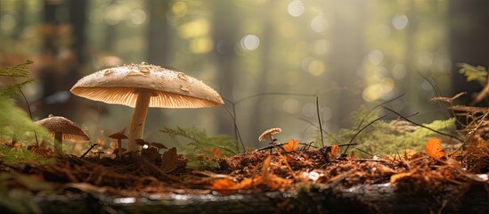 Poster - Autumn forest scene featuring Macrolepiota procera, an edible parasol mushroom in a serene setting with copy space image.