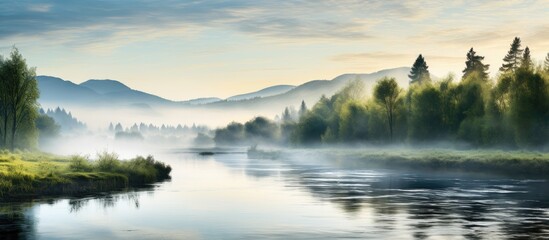 Aufkleber - Morning mist hovers over the serene river, offering a tranquil view with ample copy space image.