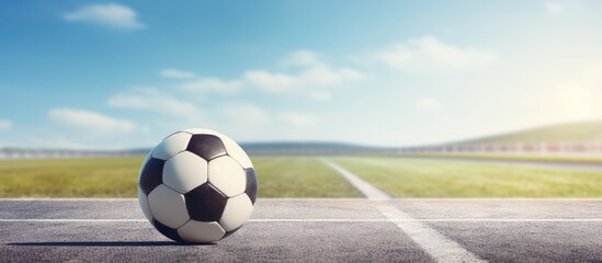 Aufkleber - Soccer ball positioned on white line at the stadium with copy space image.