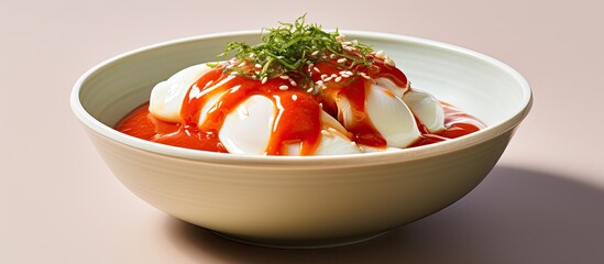 Fototapete - A plastic bowl containing poached eggs served with red sauce and enoki mushrooms against a plain background with copy space image.