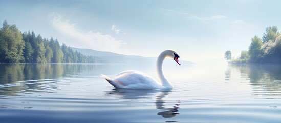Poster - Swan floating gracefully on serene lake, surrounded by copy space image,