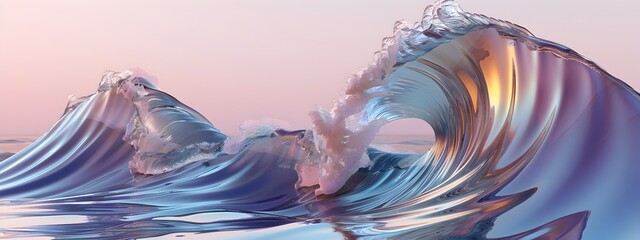 Poster - Mesmerizing 3D Rendered Wave Cascading Through Vibrant Mediums at SunriseSunset
