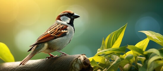 Aufkleber - Elegant house sparrow perched gracefully on a leaf, with a charming background that includes copy space image.