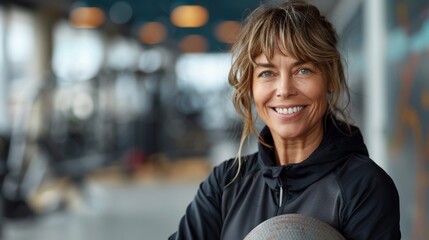 Wall Mural - Smiling woman, 50 years old, holding a medicine ball, showing her abs, with a blurred gym scene