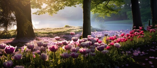 Poster - Stunning blooms in Quimey Park with a picturesque copy space image.