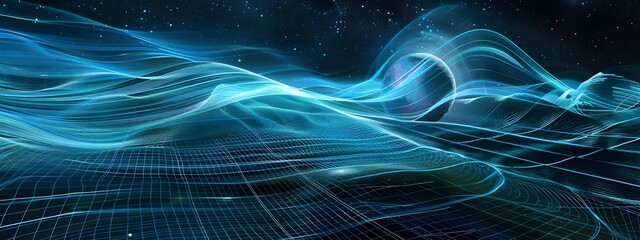 Poster - Captivating Cosmic Flow  Ethereal Visualization of Gravitational Waves Rippling Through the Fabric