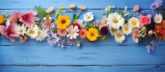 Poster - Flowers in a garden, set on a blue wooden table, create a background for a copy space image.