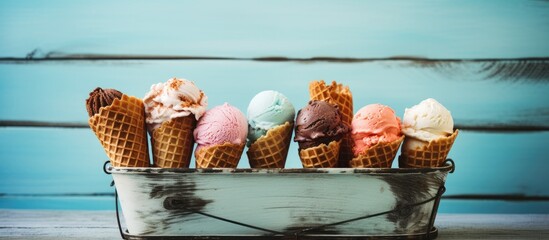 Aufkleber - Ice cream cones arranged in a metal basket on a blue wooden vintage background, with an appealing copy space image.