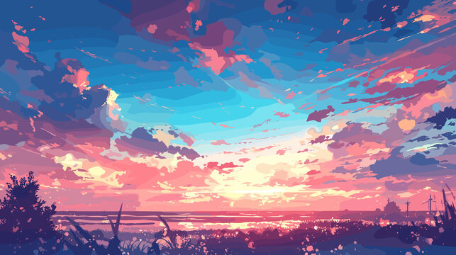 Colorful sunset over ocean with clouds illustration