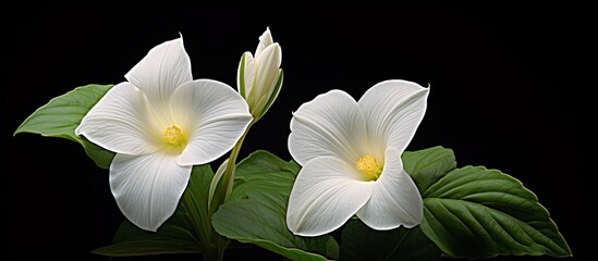 Trillium grandiflorum with double blooms in family Trilliaceae displayed in a botanic print with copy space image.