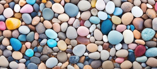 Poster - Top view of colorful pebbles on the sandy beach with a textured finish, creating an eye-catching copy space image.