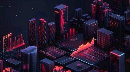 Poster - 3D isometric data visualization with graphs and bar charts, Cityscape on the screen UI/UX design.