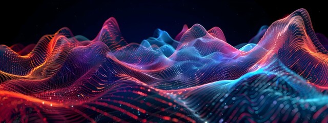 Poster - Vibrant 3D Rendered Autoregressive Function Landscape with Dynamic Waves and Colorful Particles