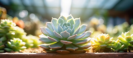 Poster - Detailed shot of a succulent plant in a summer greenhouse setting with copy space image.