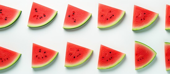 Poster - Ripe watermelon slices with copy space image on a white backdrop.