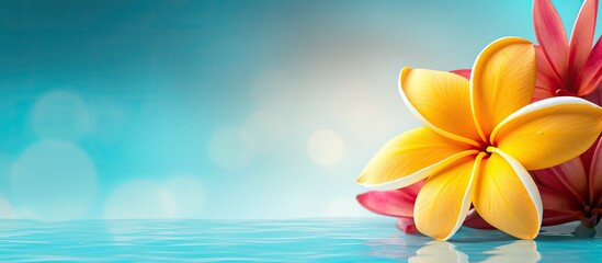 Poster - Frangipani flower on top of a vibrant background with space for adding images. with copy space image. Place for adding text or design