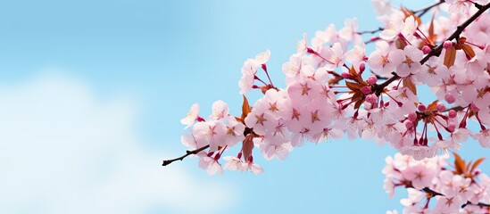 Poster - In springtime, pink branches bloom against a blue sky in a macro shot with a blurred background and selective focus, ideal for a copy space image.